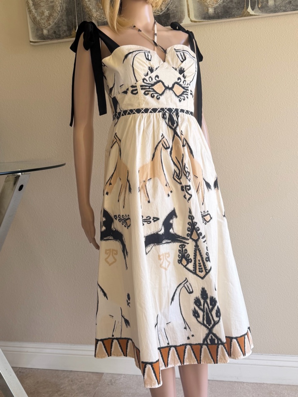 Tie-Shoulder Printed Midi Dress in Cream and Black